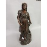 19th Century dark patinated bronzed figure of a woman playing a lute on a naturalistic base, 21ins