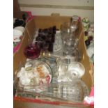 Set of six red overlay clear glass wine glasses, two glass rinsers together with a quantity of other