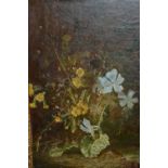 19th century oil on canvas, spring flowers on a mossy bank, inscribed on old label verso ' A. D.