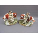 Pair of 19th Century Staffordshire groups, boy and girl with cows (one horn at fault)