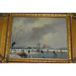 Set of four modern oil paintings on board, Dutch winter scenes with figures skating etc in heavy