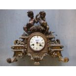 19th Century French gilded spelter figural two train mantel clock (at fault)