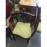 Edwardian rosewood marquetry and line inlaid splat back corner chair on turned supports