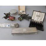 Two Victorian silver mounted glass dressing table bottles, cased set of sterling silver cocktail