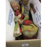 Box containing a quantity of various antique doll body parts and various soft toys etc