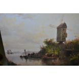 Oil on canvas, applied to board, river landscape with figures in a boat and windmill, unframed, an