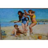 Robert Bayley, oil on board, beach scene with children building sandcastles, 9ins x 12ins, gilt