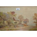 James Matthews, 20th Century watercolour, thatched cottage with geese on a lane, inscribed 'Near