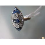 Art Deco style white metal sapphire and diamond set marquise ring