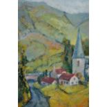 Russian school oil on canvas laid onto board, village in a mountain river landscape, bearing Atelier