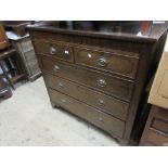 19th Century oak line inlaid chest of two short over three long graduated drawers with oval brass