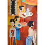 Modern Vietnamese school, acrylic and eggshell on panel, tryptych of figure studies, each 47ins x