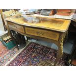 Reproduction walnut and gilt brass mounted two drawer side table together with another similar