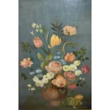 Early 20th Century oil on canvas, flowers in a vase indistinctly signed, gilt framed, 28ins x 23ins,