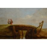 19th Century oil on canvas, landscape with two figures on a wooden bridge with view of a distant