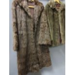 Ladies brown three quarter length fur coat, together with a brown acrylic fur jacket