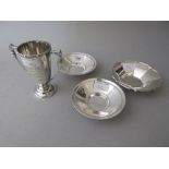 Pair of Sheffield silver trinket dishes, similar Birmingham silver dish and a trophy cup Pair of