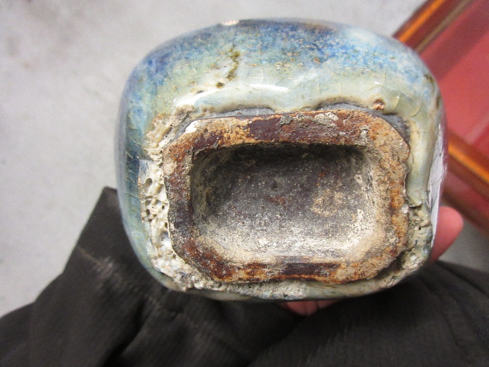 Antique Chinese stoneware rectangular baluster form vase decorated with a mottled blue glaze (with - Image 7 of 9