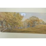 Thomas Fairbairn, watercolour, landscape with distant cattle, signed, 9ins x 20ins gilt framed,
