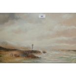Late 19th / early 20th Century oil on card, coastal scene with lighthouse and figures, signed Gustav