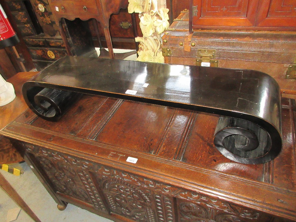 Chinese black laquered hardwood scroll end scribes desk