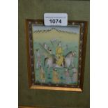 Two small Middle Eastern watercolours, a falconer on horseback and deer hunting, gilt framed