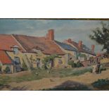 Paul Joseph Barian, signed oil on canvas, figure on a country lane by cottages, 12ins x 21ins