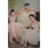 C. Fowler, oil on canvas, three ballet dancers beside a piano, 36ins x 24ins, gilt framed,