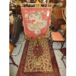 Victorian brass pole screen with wool and beadwork panel