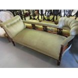 Late Victorian walnut three piece drawing room suite comprising: chaise longue with pale green