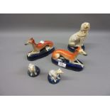 Pair of Staffordshire pottery greyhound inkwells together with three other Staffordshire pottery