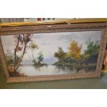 20th Century oil on canvas, river landscape, indistinctly signed, gilt framed, 23ins x 46ins