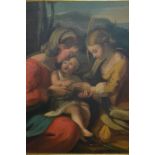 19th Century oil on canvas, the Madonna and Child with another figure in attendance, gilt framed,