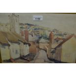 Attributed to Arthur Severn, watercolour, village street scene, signed with monogram, 10ins x 13.