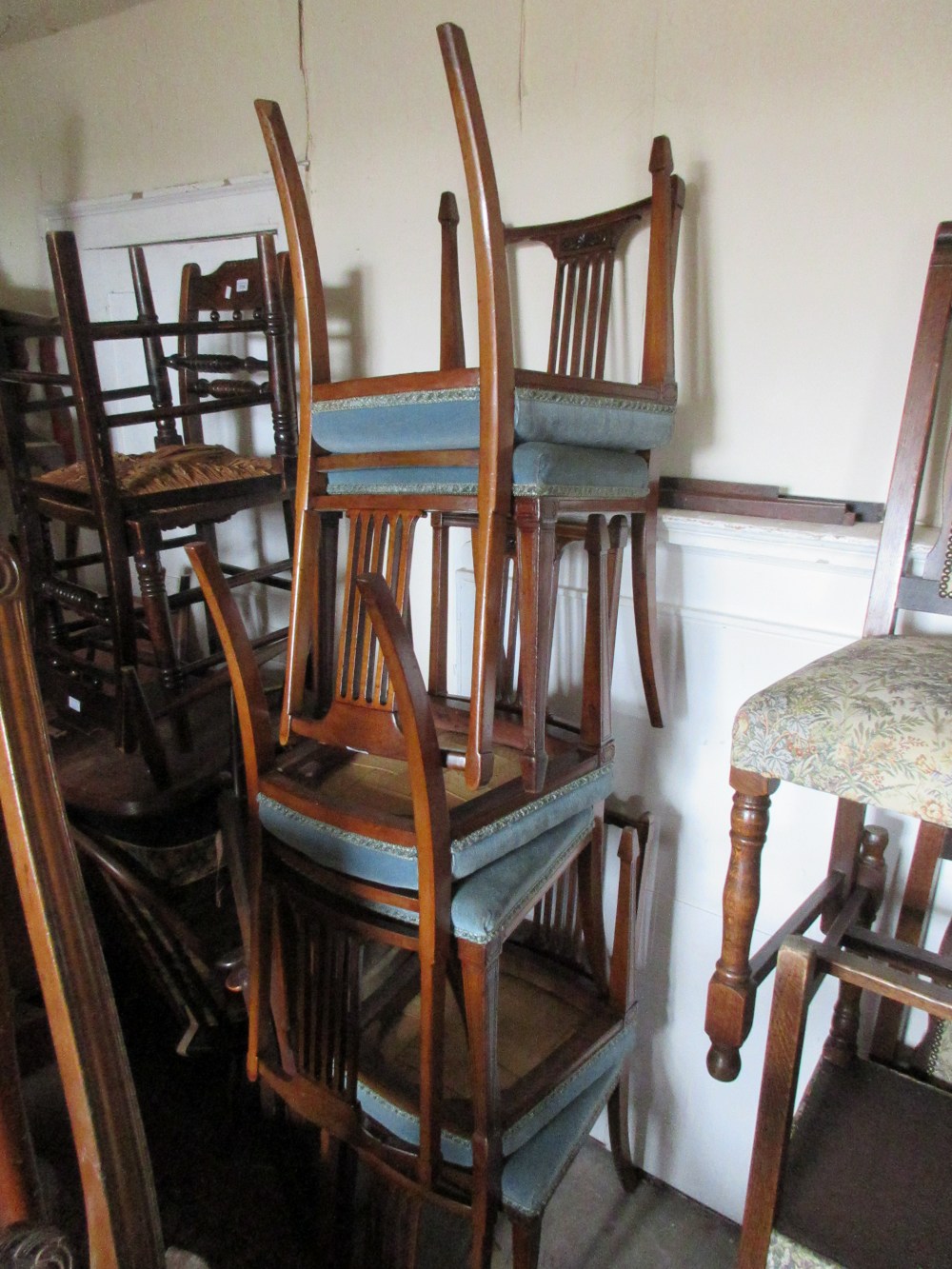 Set of six late Victorian walnut pierced slat back dining chairs with upholstered seats, raised on