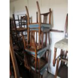 Set of six late Victorian walnut pierced slat back dining chairs with upholstered seats, raised on