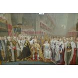 Large framed coloured print, the Coronation of King Edward VII with key, together with four other