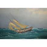 A. Ahmohob, 20th Century oil on canvas, sailing boat in heavy seas, signed, 23ins x 31ins, gilt