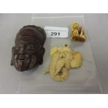 Small 19th Century carved ivory netsuke, 19th Century carved ivory elephant pendant and a small