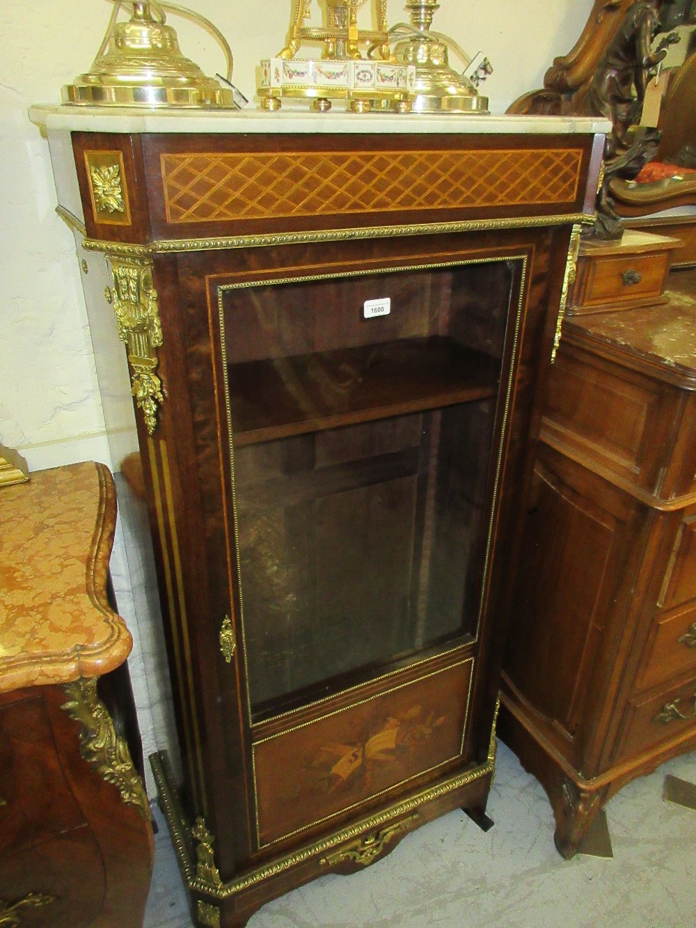 19th Century French mahogany marquetry and parquetry inlaid ormolu mounted display cabinet the