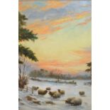 W.H. Watson, oil on board, snowy winter landscape with various sheep, signed, gilt framed, 20.5ins x