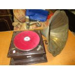 Stained pine table top wind-up gramophone with brass horn (at fault)