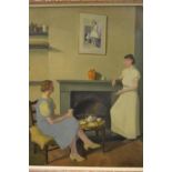 John Aumonier, oil on canvas, ladies taking tea before a fireplace, 26ins x 22ins, gilt framed