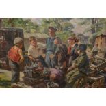 Russian school oil on canvas, figures gathered around a farm vehicle engine, indistinctly signed,