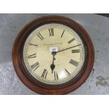 19th Century circular mahogany wall clock, the painted and enamel dial with Roman numerals,