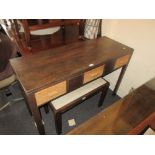 Art Deco oak side table with three frieze drawers raised on square chamfered supports together