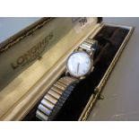 Ladies Longines 9ct gold cased wristwatch with later replacement expanding metal strap in Longines