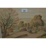 Anita Tregarneth, watercolour, hilly village lane with various cottages (faded), gilt framed,