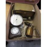 Pye table top timer, a Smiths Art Deco mantel clock, a brass blow torch and a small Philips Bakelite