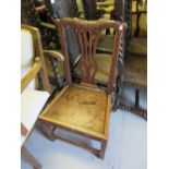 19th Century oak hall chair having carved and splat back with panel seat on square chamfered front